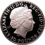 UK 50 Pounds Britannia 2007 British Royal Mint Proof KM# 1277 ELIZABETH'II'D'G REG'FID'DEF '50'POUNDS' IRB coin obverse UK 50 Pounds Britannia 2007 British Royal Mint Proof KM# 1277 ELIZABETH'II'D'G REG'FID'DEF '50'POUNDS' IRB coin obverse