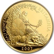 UK 50 Pounds Britannia 2007 British Royal Mint Proof KM# 1093 HALF OUNCE GOLD BRITANNIA 2007 coin reverse UK 50 Pounds Britannia 2007 British Royal Mint Proof KM# 1093 HALF OUNCE GOLD BRITANNIA 2007 coin reverse
