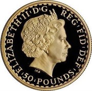 UK 50 Pounds Britannia 2008 British Royal Mint Proof KM# 1101 ELIZABETH II D G REG FID DEF 50 POUNDS IRB coin obverse UK 50 Pounds Britannia 2008 British Royal Mint Proof KM# 1101 ELIZABETH II D G REG FID DEF 50 POUNDS IRB coin obverse