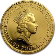 UK 50 Pounds Britannia - Elizabeth II (3rd portrait) 1996 Proof KM# 952a ELIZABETH'II'D'G REG'FID'DEF '50'POUNDS' RDM coin obverse UK 50 Pounds Britannia - Elizabeth II (3rd portrait) 1996 Proof KM# 952a ELIZABETH'II'D'G REG'FID'DEF '50'POUNDS' RDM coin obverse