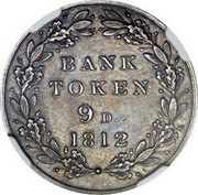 UK 9 Pence George III Bank Token - Pattern 1812 Proof Pattern KM# PnN68 BANK TOKEN 9D 1812 coin reverse UK 9 Pence George III Bank Token - Pattern 1812 Proof Pattern KM# PnN68 BANK TOKEN 9D 1812 coin reverse