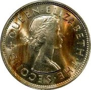 New Zealand Crown Elizabeth II (1st portrait) 1953 Proof KM# 30 + QUEEN∙ELIZABETH∙THE∙SECOND coin obverse New Zealand Crown Elizabeth II (1st portrait) 1953 Proof KM# 30 + QUEEN∙ELIZABETH∙THE∙SECOND coin obverse