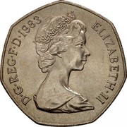 UK Fifty Pence Elizabeth II (2nd portrait) large type 1983 Proof KM# 932 D∙G∙REG∙F∙D∙1982 ELIZABETH∙II coin obverse UK Fifty Pence Elizabeth II (2nd portrait) large type 1983 Proof KM# 932 D∙G∙REG∙F∙D∙1982 ELIZABETH∙II coin obverse