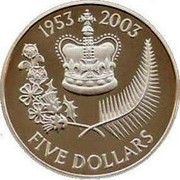 New Zealand Five Dollars 50th Anniversary of Coronation 2003 Proof. Includes 100 issued in a stamp cover KM# 147 1953 2003 FIVE DOLLARS coin reverse New Zealand Five Dollars 50th Anniversary of Coronation 2003 Proof. Includes 100 issued in a stamp cover KM# 147 1953 2003 FIVE DOLLARS coin reverse