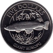New Zealand Five Dollars Giant Kokopu Fish 2003 (c) Proof. Includes 200 issued in a stamp cover KM# 132a FIVE DOLLARS GIANT KOKOPU coin reverse New Zealand Five Dollars Giant Kokopu Fish 2003 (c) Proof. Includes 200 issued in a stamp cover KM# 132a FIVE DOLLARS GIANT KOKOPU coin reverse