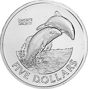 New Zealand Five Dollars Hector's Dolphins 2002 (c) 500 pieces were housed in a stamp covers KM# 145 HECTOR'S DOLPHIN FIVE DOLLARS coin reverse New Zealand Five Dollars Hector's Dolphins 2002 (c) 500 pieces were housed in a stamp covers KM# 145 HECTOR'S DOLPHIN FIVE DOLLARS coin reverse
