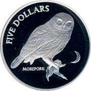 New Zealand Five Dollars Morepork 1999 Proof KM# 115a FIVE DOLLARS MOREPORK coin reverse New Zealand Five Dollars Morepork 1999 Proof KM# 115a FIVE DOLLARS MOREPORK coin reverse
