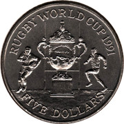 New Zealand Five Dollars Rugby World Cup 1991 (c) KM# 80 RUGBY WORLD CUP 1991 FIVE DOLLARS coin reverse New Zealand Five Dollars Rugby World Cup 1991 (c) KM# 80 RUGBY WORLD CUP 1991 FIVE DOLLARS coin reverse