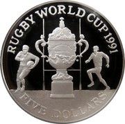 New Zealand Five Dollars Rugby World Cup 1991 (c) Proof KM# 80a RUGBY WORLD CUP 1991 FIVE DOLLARS coin reverse New Zealand Five Dollars Rugby World Cup 1991 (c) Proof KM# 80a RUGBY WORLD CUP 1991 FIVE DOLLARS coin reverse