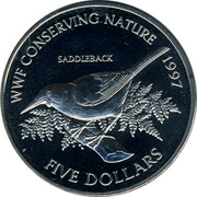 New Zealand Five Dollars Saddleback 1997 (l) KM# 103 WWF CONSERVING NATURE 1997 SADDLEBACK FIVE DOLLARS coin reverse New Zealand Five Dollars Saddleback 1997 (l) KM# 103 WWF CONSERVING NATURE 1997 SADDLEBACK FIVE DOLLARS coin reverse