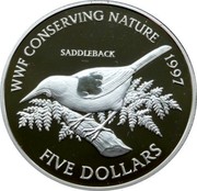 New Zealand Five Dollars Saddleback 1997 (l) Proof KM# 103a WWF CONSERVING NATURE 1997 SADDLEBACK FIVE DOLLARS coin reverse New Zealand Five Dollars Saddleback 1997 (l) Proof KM# 103a WWF CONSERVING NATURE 1997 SADDLEBACK FIVE DOLLARS coin reverse