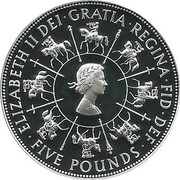 UK Five Pounds 40th Anniversary of the Coronation 1993 Proof KM# 965a ELIZABETH II DEI∙GRATIA REGINA∙FID∙DEF ∙ FIVE POUNDS ∙ coin obverse UK Five Pounds 40th Anniversary of the Coronation 1993 Proof KM# 965a ELIZABETH II DEI∙GRATIA REGINA∙FID∙DEF ∙ FIVE POUNDS ∙ coin obverse