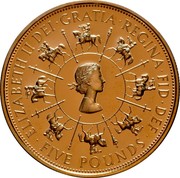 UK Five Pounds 40th Anniversary of the Coronation 1993 Proof KM# 965b ELIZABETH II DEI∙GRATIA REGINA∙FID∙DEF ∙ FIVE POUNDS ∙ coin obverse UK Five Pounds 40th Anniversary of the Coronation 1993 Proof KM# 965b ELIZABETH II DEI∙GRATIA REGINA∙FID∙DEF ∙ FIVE POUNDS ∙ coin obverse