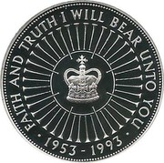 UK Five Pounds 40th Anniversary of the Coronation 1993 Proof KM# 965a FAITH AND TRUTH I WILL BEAR UNTO YOU ∙ 1953 - 1993 ∙ coin reverse UK Five Pounds 40th Anniversary of the Coronation 1993 Proof KM# 965a FAITH AND TRUTH I WILL BEAR UNTO YOU ∙ 1953 - 1993 ∙ coin reverse