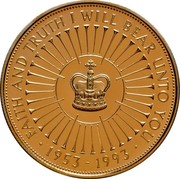 UK Five Pounds 40th Anniversary of the Coronation 1993 Proof KM# 965b FAITH AND TRUTH I WILL BEAR UNTO YOU ∙ 1953 - 1993 ∙ coin reverse UK Five Pounds 40th Anniversary of the Coronation 1993 Proof KM# 965b FAITH AND TRUTH I WILL BEAR UNTO YOU ∙ 1953 - 1993 ∙ coin reverse