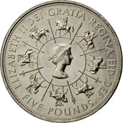 UK Five Pounds 40th Anniversary of the Coronation 1993 KM# 965 ELIZABETH II DEI∙GRATIA REGINA∙FID∙DEF ∙ FIVE POUNDS ∙ coin obverse UK Five Pounds 40th Anniversary of the Coronation 1993 KM# 965 ELIZABETH II DEI∙GRATIA REGINA∙FID∙DEF ∙ FIVE POUNDS ∙ coin obverse
