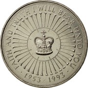 UK Five Pounds 40th Anniversary of the Coronation 1993 KM# 965 FAITH AND TRUTH I WILL BEAR UNTO YOU ∙ 1953 - 1993 ∙ coin reverse UK Five Pounds 40th Anniversary of the Coronation 1993 KM# 965 FAITH AND TRUTH I WILL BEAR UNTO YOU ∙ 1953 - 1993 ∙ coin reverse