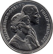 UK Five Pounds 50th Anniversary of the Wedding of Elizabeth and Philip 1997 KM# 977 ELIZABETH∙II∙D∙G∙REG∙F∙D PHILIP∙PRINCEPS coin obverse UK Five Pounds 50th Anniversary of the Wedding of Elizabeth and Philip 1997 KM# 977 ELIZABETH∙II∙D∙G∙REG∙F∙D PHILIP∙PRINCEPS coin obverse