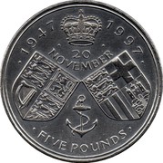 UK Five Pounds 50th Anniversary of the Wedding of Elizabeth and Philip 1997 KM# 977 ∙ 1947 1997 ∙ ∙ 20 ∙ NOVEMBER ∙ FIVE POUNDS ∙ coin reverse UK Five Pounds 50th Anniversary of the Wedding of Elizabeth and Philip 1997 KM# 977 ∙ 1947 1997 ∙ ∙ 20 ∙ NOVEMBER ∙ FIVE POUNDS ∙ coin reverse