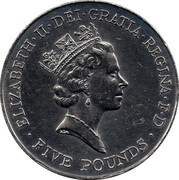 UK Five Pounds 70th Birthday of Queen Elizabeth II 1996 KM# 974 ELIZABETH∙II∙DEI∙GRATIA∙REGINA∙F∙D RDM ∙ FIVE POUNDS ∙ coin obverse UK Five Pounds 70th Birthday of Queen Elizabeth II 1996 KM# 974 ELIZABETH∙II∙DEI∙GRATIA∙REGINA∙F∙D RDM ∙ FIVE POUNDS ∙ coin obverse