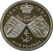 UK Five Pounds Golden Wedding Anniversary 1997 Proof KM# 977a ∙ 1947 1997 ∙ ∙ 20 ∙ NOVEMBER ∙ FIVE POUNDS ∙ coin reverse
