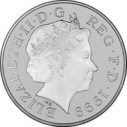 UK Five Pounds In Memory of Diana Princess of Wales 1999 Proof KM# 997a ELIZABETH∙II∙D∙G REG∙F∙D∙1999 IRB coin obverse UK Five Pounds In Memory of Diana Princess of Wales 1999 Proof KM# 997a ELIZABETH∙II∙D∙G REG∙F∙D∙1999 IRB coin obverse
