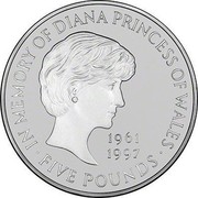 UK Five Pounds In Memory of Diana Princess of Wales 1999 Proof KM# 997a IN MEMORY OF DIANA PRINCESS OF WALES 1961 1997 ∙FIVE POUNDS∙ coin reverse UK Five Pounds In Memory of Diana Princess of Wales 1999 Proof KM# 997a IN MEMORY OF DIANA PRINCESS OF WALES 1961 1997 ∙FIVE POUNDS∙ coin reverse
