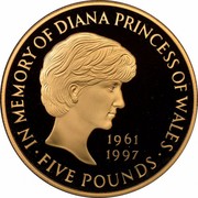 UK Five Pounds In Memory of Diana Princess of Wales 1999 Proof KM# 997b IN MEMORY OF DIANA PRINCESS OF WALES 1961 1997 ∙FIVE POUNDS∙ coin reverse UK Five Pounds In Memory of Diana Princess of Wales 1999 Proof KM# 997b IN MEMORY OF DIANA PRINCESS OF WALES 1961 1997 ∙FIVE POUNDS∙ coin reverse