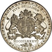 UK Five Shillings Spink & Son Pattern 1887 only 5 - 10 pieces known X# 59 FIVE SHILLINGS MDCCCLXXXVII SPINK & SON coin reverse