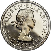 New Zealand Half Crown Elizabeth II (1st portrait) 1965 Proof KM# 29.2 + QUEEN∙ELIZABETH∙THE∙SECOND coin obverse New Zealand Half Crown Elizabeth II (1st portrait) 1965 Proof KM# 29.2 + QUEEN∙ELIZABETH∙THE∙SECOND coin obverse