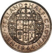 New Zealand Half Crown George VI 1944 Proof KM# 11 NEW∙ZEALAND HALF∙CROWN ∙*YEAR*∙ KB coin reverse