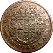 New Zealand Half Crown George VI 1948 KM# 19 NEW∙ZEALAND HALF∙CROWN ∙*YEAR*∙ coin reverse New Zealand Half Crown George VI 1948 KM# 19 NEW∙ZEALAND HALF∙CROWN ∙*YEAR*∙ coin reverse