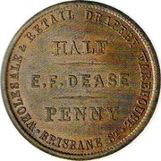 New Zealand Half Penny Dease E. F. - Hall H. J. - Christchurch (1857) KM# Tn26 WHOLESALE & RETAIL DRAPERY WARERHOUSE HALF E. F. DEASE PENNY BRISBANE ST. coin obverse