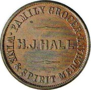 New Zealand Half Penny Dease E. F. - Hall H. J. - Christchurch (1857) KM# Tn26 ∙ FAMILY GROCER ∙ H. J. HALL WINE & SPIRIT MERCHANT coin reverse