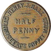 New Zealand Half Penny Hall Henry J. - Christchurch (1864-1865) KM# Tn25 HENRY J. HALL HALF PENNY CHRISTCHURCH COFFEE MILLS coin obverse New Zealand Half Penny Hall Henry J. - Christchurch (1864-1865) KM# Tn25 HENRY J. HALL HALF PENNY CHRISTCHURCH COFFEE MILLS coin obverse