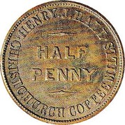 New Zealand Half Penny Hall Henry J. - Levy L. - Christchurch (1857) KM# Tn27 HENRY J. HALL HALF PENNY CHRISTCHURCH COFFEE MILLS coin obverse