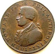 UK Half Penny Portsmouth / John Howard 1794  IOHN HOWARD F∙R∙S PHILANTHROPIST ∙ coin obverse UK Half Penny Portsmouth / John Howard 1794  IOHN HOWARD F∙R∙S PHILANTHROPIST ∙ coin obverse
