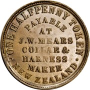 New Zealand Halfpenny Mears J.W. Wellington 1857 KM# Tn45 .ONE HALFPENNY TOKEN. NEW ZEALAND PAYABLE AT J.W.MEARS COLLAR & HARNESS MAKER coin reverse New Zealand Halfpenny Mears J.W. Wellington 1857 KM# Tn45 .ONE HALFPENNY TOKEN. NEW ZEALAND PAYABLE AT J.W.MEARS COLLAR & HARNESS MAKER coin reverse