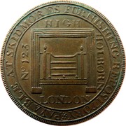 UK Halfpenny (Skidmore) NO 123 HIGH HOLBORN LONDON PAYABLE AT SKIDMORES FURNISHING REPOSITORY * coin obverse UK Halfpenny (Skidmore) NO 123 HIGH HOLBORN LONDON PAYABLE AT SKIDMORES FURNISHING REPOSITORY * coin obverse