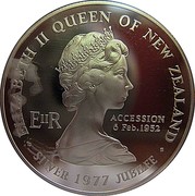 New Zealand One Dollar 25th Anniversary of Accession-Waitangi Day 1977 Proof KM# 46a ELIZABETH II QUEEN OF NEW ZEALAND EIIR ACCESSION 6 FEB.1952 ∙ SILVER 1977 JUBILEE ∙ coin obverse New Zealand One Dollar 25th Anniversary of Accession-Waitangi Day 1977 Proof KM# 46a ELIZABETH II QUEEN OF NEW ZEALAND EIIR ACCESSION 6 FEB.1952 ∙ SILVER 1977 JUBILEE ∙ coin obverse
