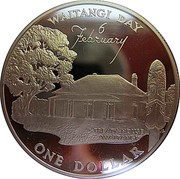 New Zealand One Dollar 25th Anniversary of Accession-Waitangi Day 1977 Proof KM# 46a WAITANGI DAY 6 FEBRUARY TREATY HOUSE WAITANGI ONE DOLLAR coin reverse New Zealand One Dollar 25th Anniversary of Accession-Waitangi Day 1977 Proof KM# 46a WAITANGI DAY 6 FEBRUARY TREATY HOUSE WAITANGI ONE DOLLAR coin reverse