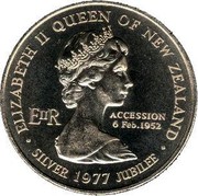 New Zealand One Dollar 25th Anniversary of the Accession of Queen Elizabeth II - Waitangi Day 1977 KM# 46 ELIZABETH II QUEEN OF NEW ZEALAND EIIR ACCESSION 6 FEB.1952 ∙ SILVER 1977 JUBILEE ∙ coin obverse New Zealand One Dollar 25th Anniversary of the Accession of Queen Elizabeth II - Waitangi Day 1977 KM# 46 ELIZABETH II QUEEN OF NEW ZEALAND EIIR ACCESSION 6 FEB.1952 ∙ SILVER 1977 JUBILEE ∙ coin obverse