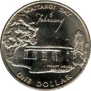 New Zealand One Dollar 25th Anniversary of the Accession of Queen Elizabeth II - Waitangi Day 1977 KM# 46 WAITANGI DAY 6 FEBRUARY TREATY HOUSE WAITANGI ONE DOLLAR coin reverse New Zealand One Dollar 25th Anniversary of the Accession of Queen Elizabeth II - Waitangi Day 1977 KM# 46 WAITANGI DAY 6 FEBRUARY TREATY HOUSE WAITANGI ONE DOLLAR coin reverse