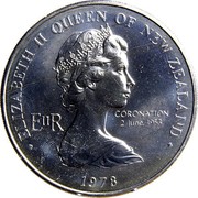 New Zealand One Dollar 25th Anniversary of the Coronation of Elizabeth II 1978 (l) KM# 47 ∙ELIZABETH II QUEEN OF NEW ZEALAND∙ EIIR CORONATION 2 JUNE, 1953 1978 coin obverse