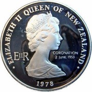 New Zealand One Dollar 25th Anniversary of the Coronation of Elizabeth II 1978 (o) Proof KM# 47a ∙ELIZABETH II QUEEN OF NEW ZEALAND∙ EIIR CORONATION 2 JUNE, 1953 1978 coin obverse New Zealand One Dollar 25th Anniversary of the Coronation of Elizabeth II 1978 (o) Proof KM# 47a ∙ELIZABETH II QUEEN OF NEW ZEALAND∙ EIIR CORONATION 2 JUNE, 1953 1978 coin obverse