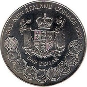 New Zealand One Dollar 50th Anniversary of New Zealand Coinage 1983 KM# 53 1933 NEW ZEALAND COINAGE 1983 NEW∙ZEALAND ONE DOLLAR coin reverse