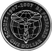New Zealand One Dollar Centenary of Scouting 2007 (l) KM# 298 SCOUTS 1907-2007 BE PREPARED ONE DOLLAR coin reverse New Zealand One Dollar Centenary of Scouting 2007 (l) KM# 298 SCOUTS 1907-2007 BE PREPARED ONE DOLLAR coin reverse