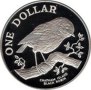 New Zealand One Dollar Chatham Island Black Robin 1984 (l) Proof KM# 54a ONE DOLLAR CHATHAM ISLAND BLACK ROBIN coin reverse New Zealand One Dollar Chatham Island Black Robin 1984 (l) Proof KM# 54a ONE DOLLAR CHATHAM ISLAND BLACK ROBIN coin reverse