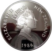 New Zealand One Dollar Royal Visit 1986 (l) Proof KM# 56a ELIZABETH II NEW ZEALAND 1986 RDM coin obverse New Zealand One Dollar Royal Visit 1986 (l) Proof KM# 56a ELIZABETH II NEW ZEALAND 1986 RDM coin obverse