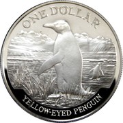 New Zealand One Dollar Yellow-eyed Penguin 1988 Proof KM# 66a ONE DOLLAR YELLOW-EYED PENGUIN coin reverse New Zealand One Dollar Yellow-eyed Penguin 1988 Proof KM# 66a ONE DOLLAR YELLOW-EYED PENGUIN coin reverse